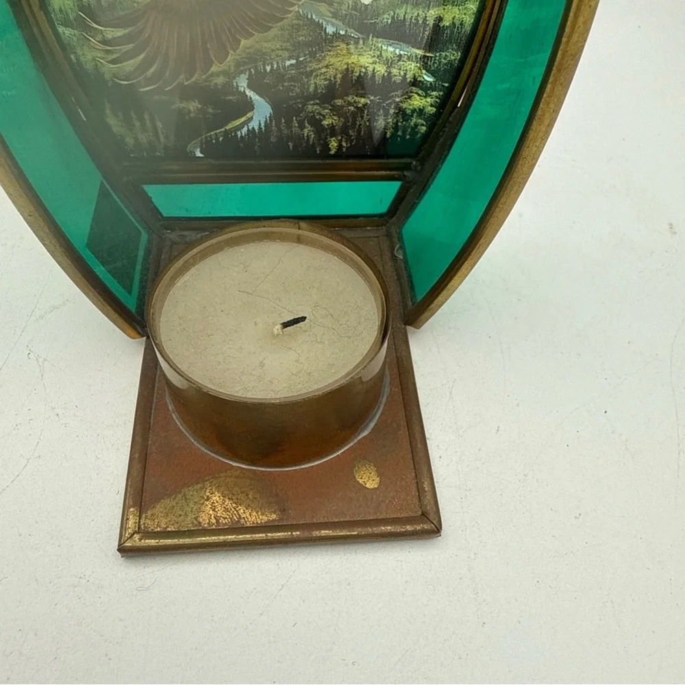 Enesco Stained Glass w/ brass Panel Candle Holder Bald Eagle on Eagles Wings